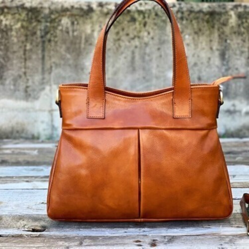Handmade Italian Leather Tote Bag with Adjustable Strap & Leather Cream